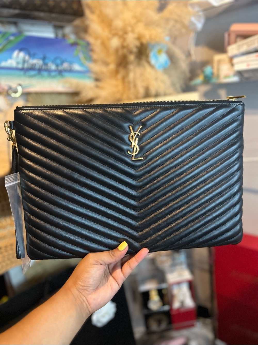 Yves Saint Laurent Black Quilted Leather Envelope Clutch with Gold YSL Emblem - Picture 13 of 13